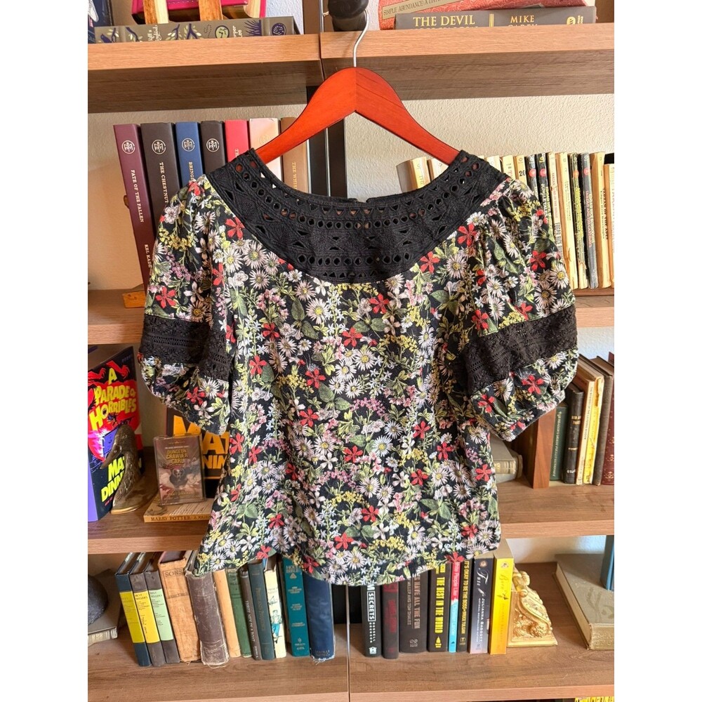 Anthropologie Pilcro Floral Top Small Black Eyelet Yoke Crochet Cuff Cottagecore